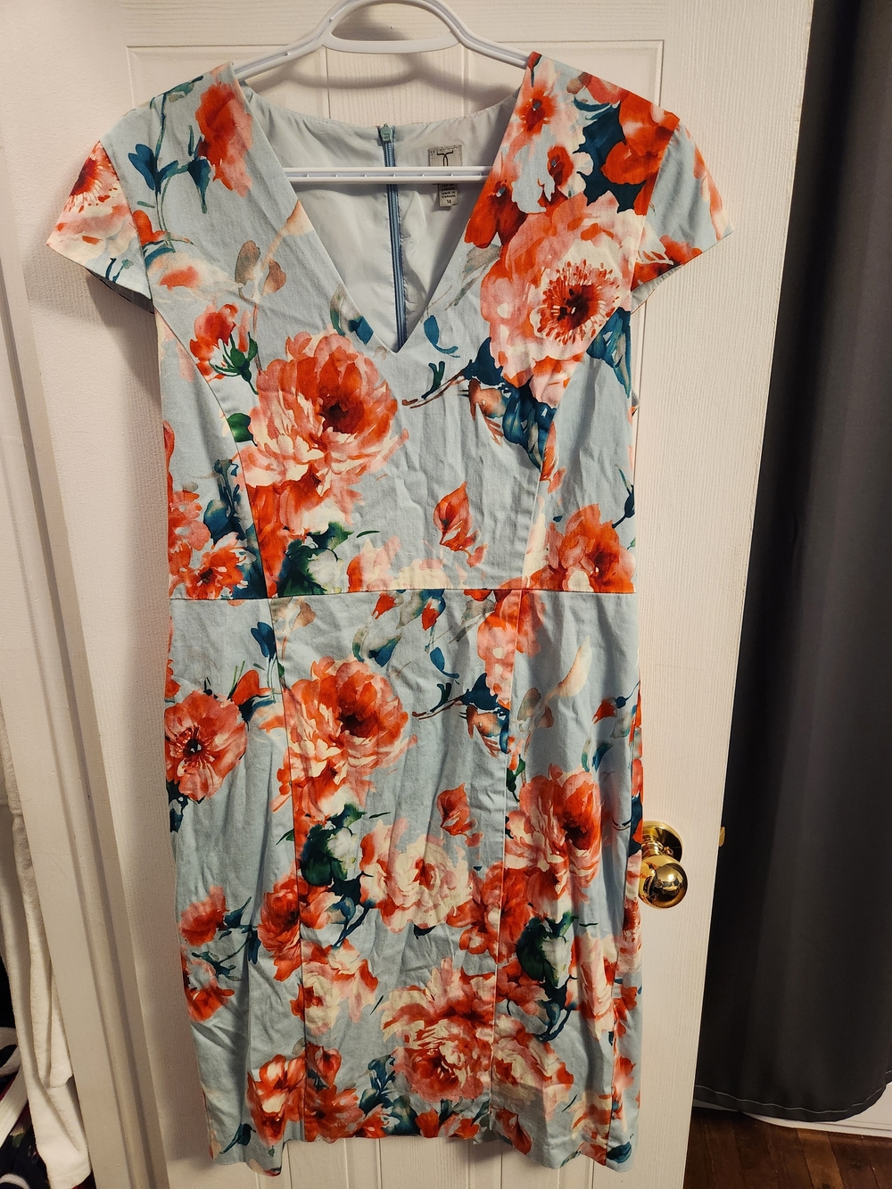 Tristan Light Blue Midi Dress with Coral Floral Print